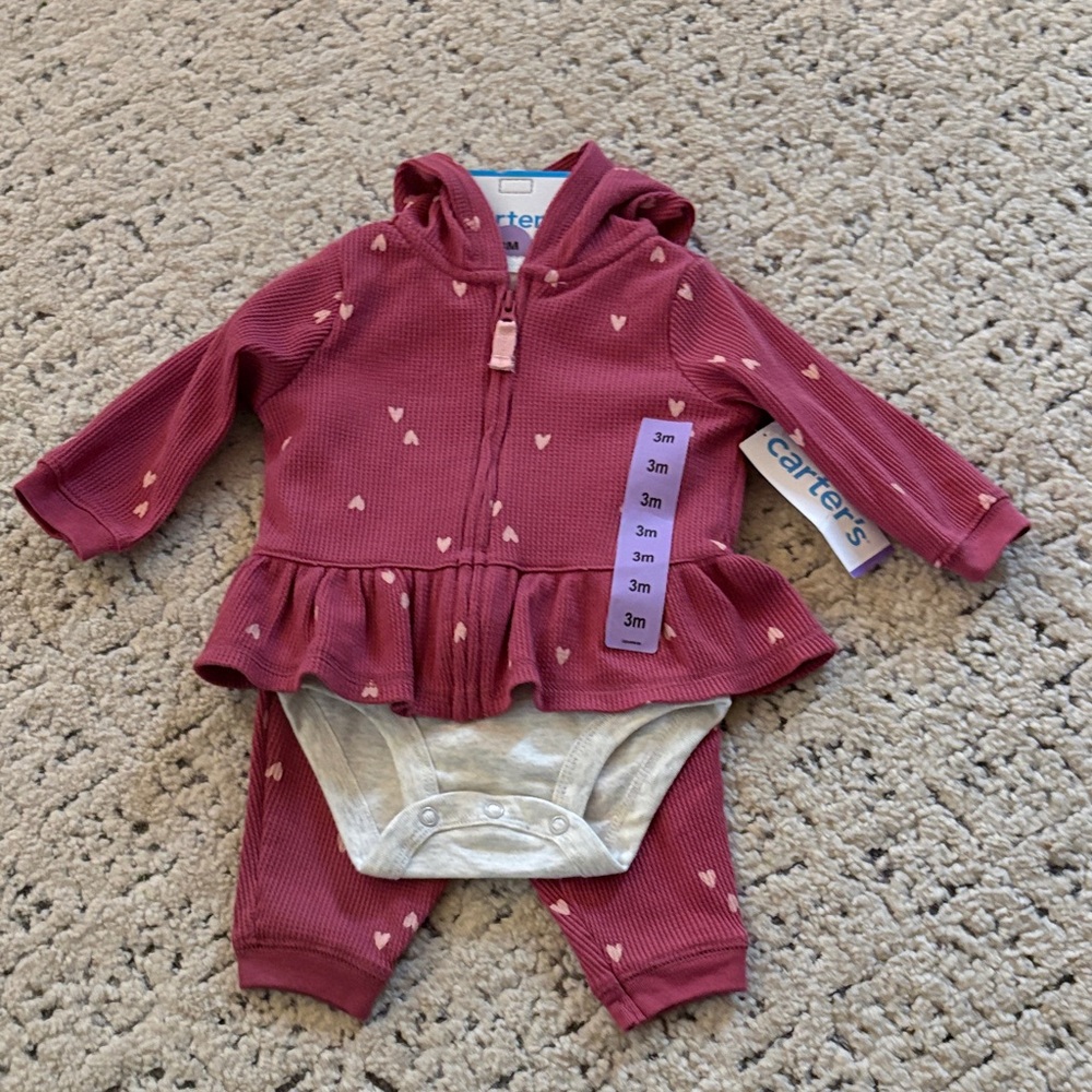 Carter's Maroon Heart Valentine Hooded Baby Set 3 Mos